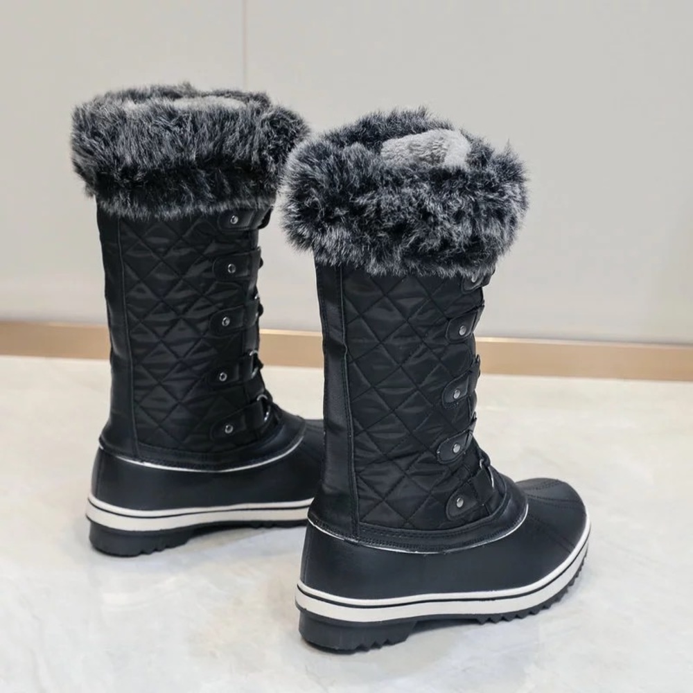 Womens Black Snow Boots Faux Fur Lined Lace Tie Thick Warm Heavyweight - Picture 6 of 9